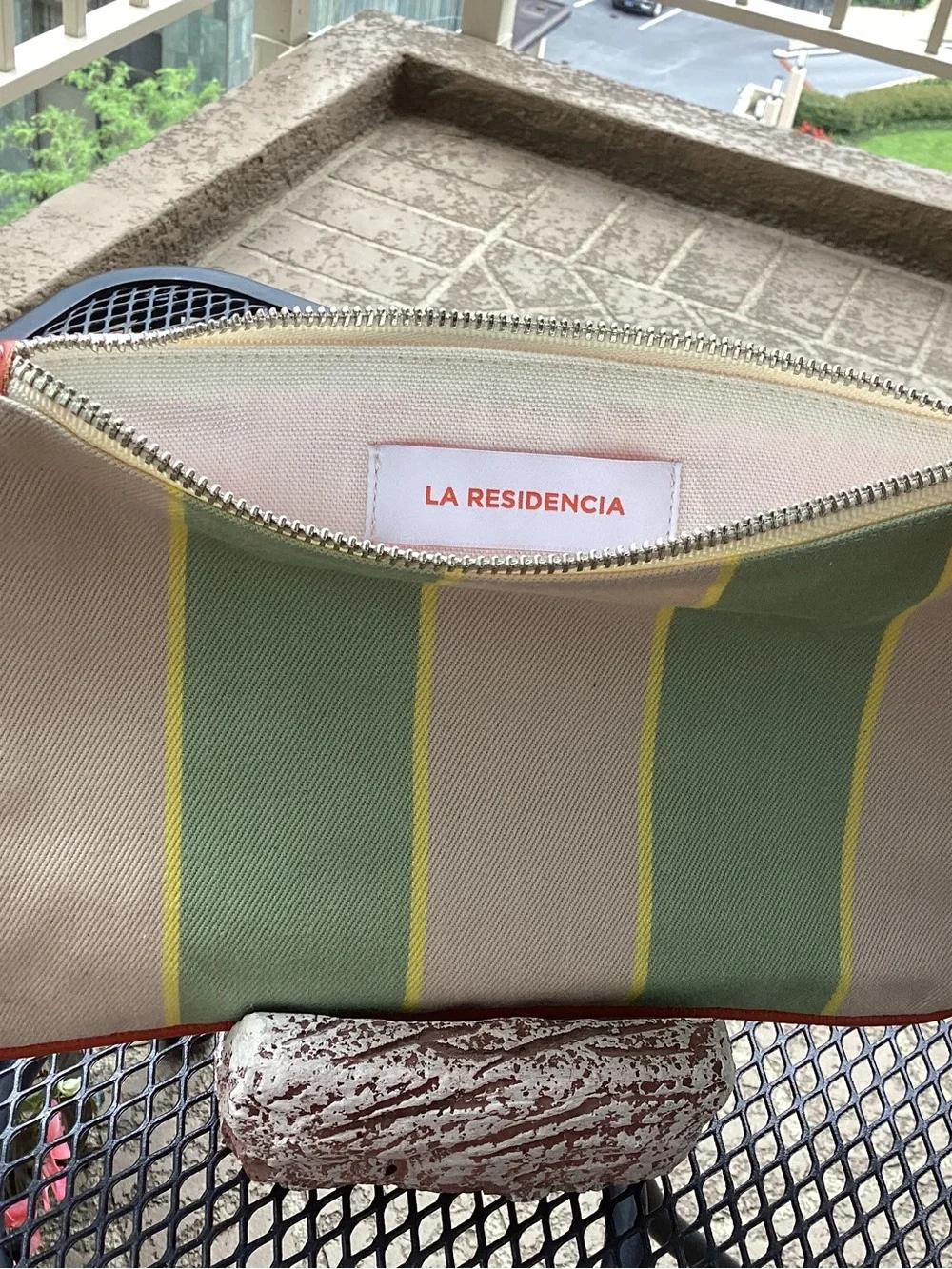 La Residencia Striped Canvas Zip Pouch in Green and Beige
